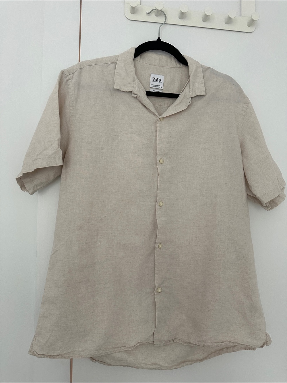 Zara Beige Short-Sleeve Button-Down Linen Shirt